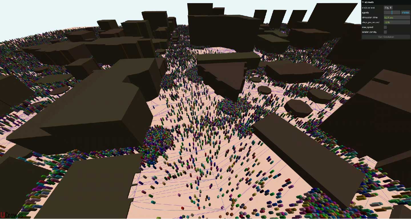 Real-time crowd simulation of 150000 pedestrians in a browser image