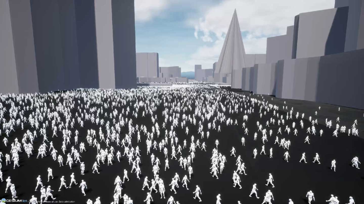 Simulate, animate and render 100.000 pedestrians in real-time image