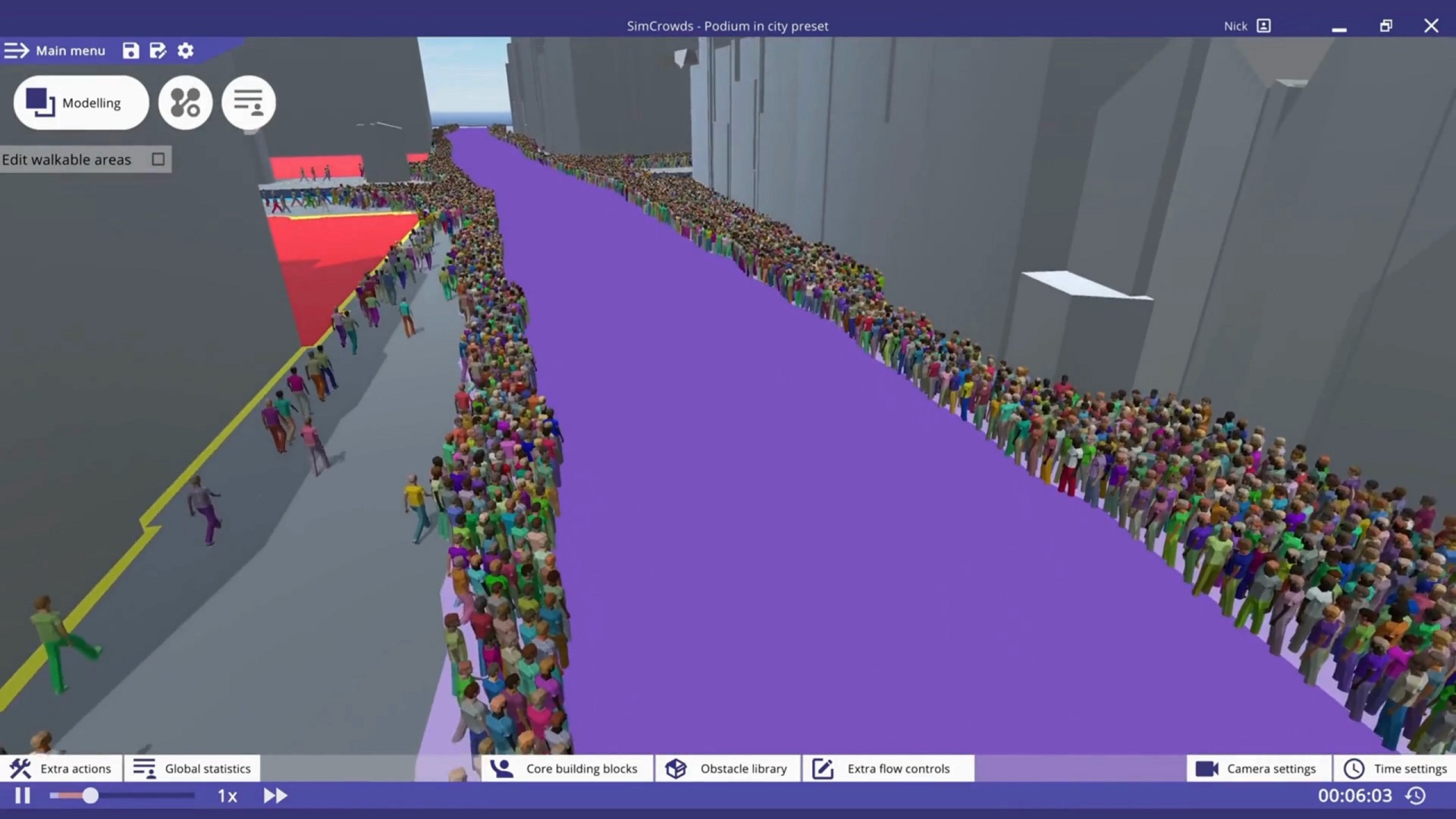 Dynamic crowd simulation with SimCrowds: the Podium block image